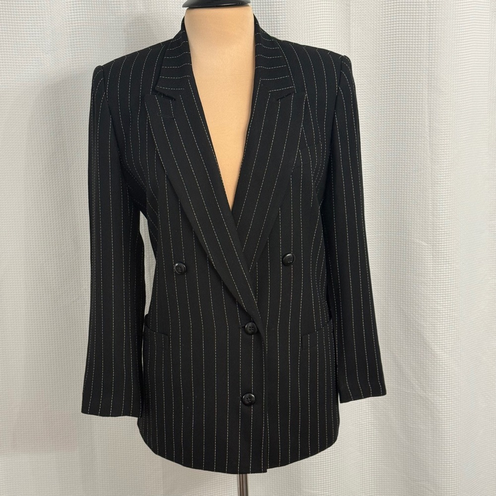 Valerie Stevens Petites Vintage Black Pinstripe Double-Breasted Blazer